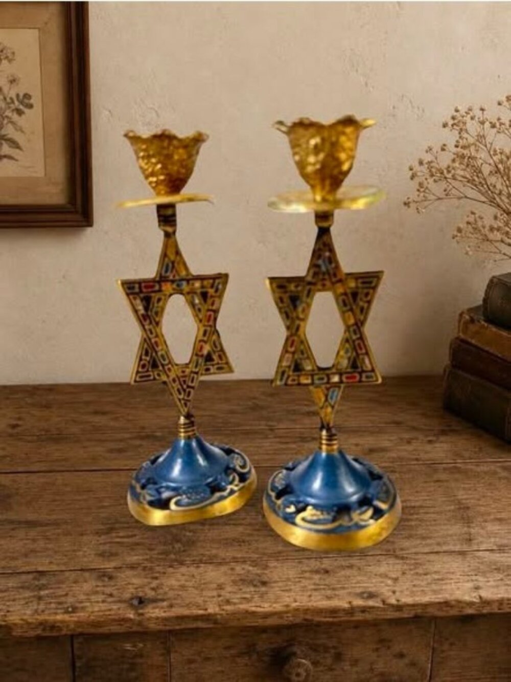 Pair Of Vintage Star Of David Brass & Enamel Candle Holders With Blue Bases Gold
